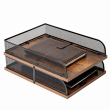 Set of 2 Vintage Wood Metal Letter TrayDesk Organizers Paper TrayOffice File OrganizerBlack