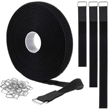 5m Hook and Loop Straps with 25 Metal BucklesCuttoLength Reusable Cable TiesAdjustable Fastening Cable StrapsNylon Securing Cinch Strap2cm Wide Black