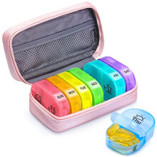 Pink PU Leather Bag Pill Boxes 7 Day 2 Times a Day Large AMPM Pill Box Organiser with Portable Zipper Leather Bag for Holding Supplements