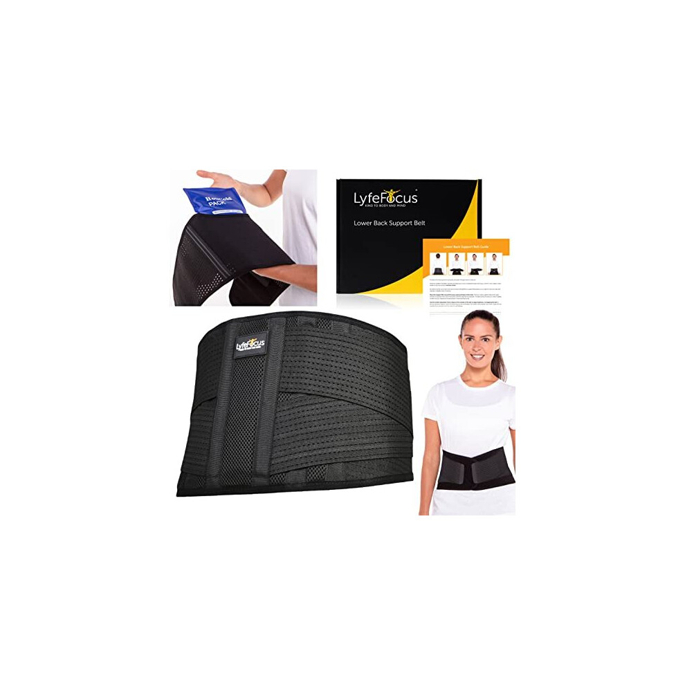 Premium Adjustable Lower Back Support Belt for Men Women Breathable Lumbar Support Brace Supplied with Reusable Hot Cold Pack for Pain Muscle Tension