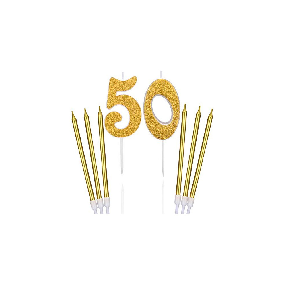 50th Glitter Birthday Cake Candles Shining Numeral Candles Cake Topper Decoration and 6 Pieces Spiral Cake Candles with Holders for Birthday Party