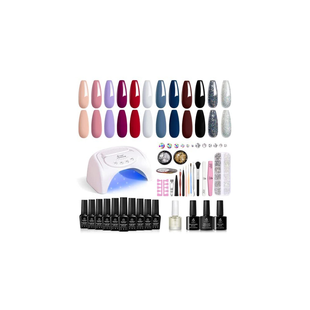 Beetles 12 Colors Gel Nail Polish Starter Kit with UV Light 48W LED Nail Lamp Cure Base Top Coat Gel Nude Gray Pink Blue Gel Polish Glitter Powder DIY