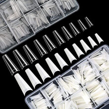 1000pcs French Coffin Ballerina Nail Tips Acrylic Nails Artificial Half False Flake Nail Tips 10 sizes with Clear Plastic Cases for Nail Salon Nail