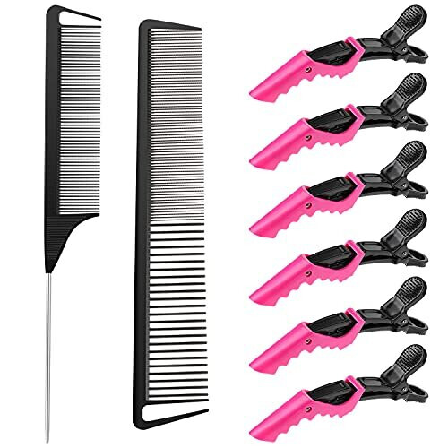 2 Pieces Parting Comb and 6 Pieces Hair Clip Women Rat Tail Comb