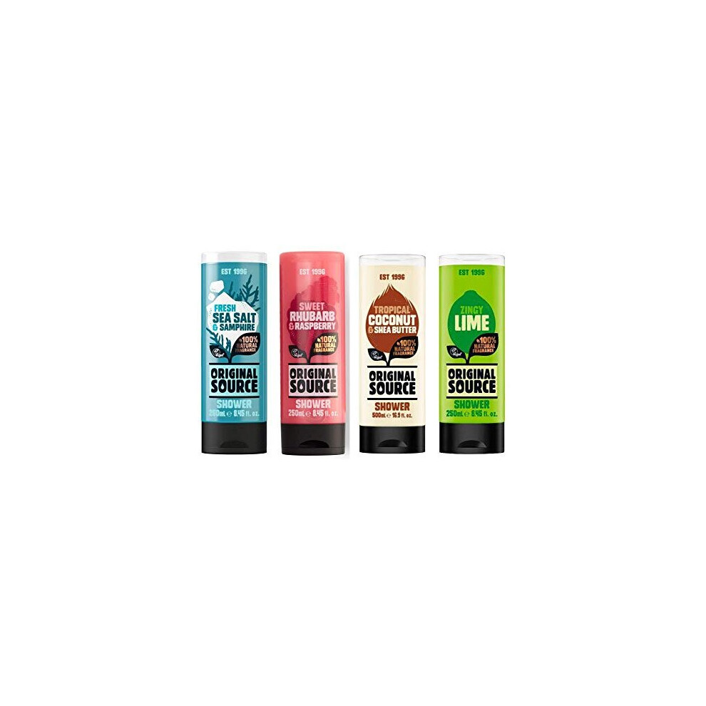 Original Source Shower Gel Set 4 x 250ml NEW Fragrance Fresh Sea Salt Samphire Sweet Rhubarb and Raspberry Zingy Lime and Tropical Coconut Shea Butter
