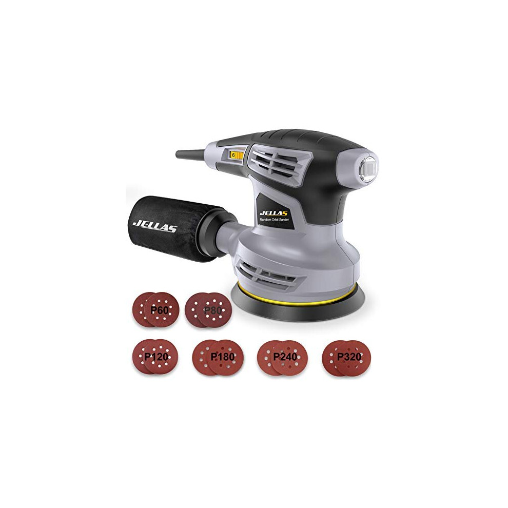 Orbital Sander Jellas 125MM 13000RPM 6 Variable Speed Orbit Sander 12 Pcs SandpapersDust Collection Bag 360Rotating Sanding Base Plate Electric