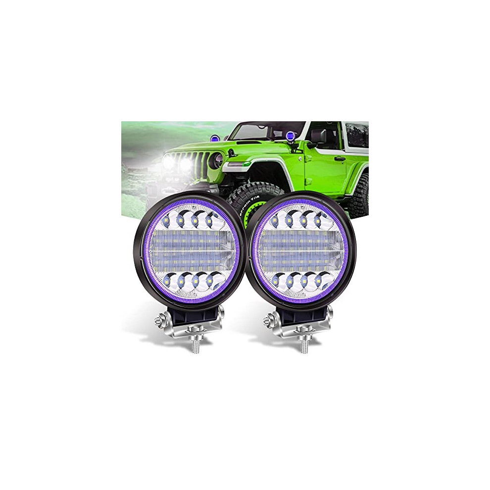 2Pcs 96W LED Work Light5 Halo Ring Headlight Blue LED Light Pods Spot Flood Combo Lights Off Road Driving Fog Lights 12V 24V 9600 LM LED Auxiliary