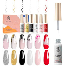 Beetles Gel Nail Polishes6 Nail Art Gel Liner Set Black White Red Colors Gel Art Paint for Nails Built Thin Nail Art Brush in Gel Pens Soak Off Gold