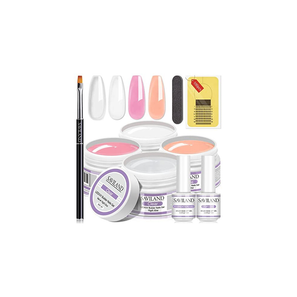 Saviland Pink,White Builder Nail Gels Nail Kit 4 Basic Colors Nail Extension Gel Kit Clear White Nudes Pink Nail Strengthen Gel With Nail Brush 100Pcs Nail Forms For