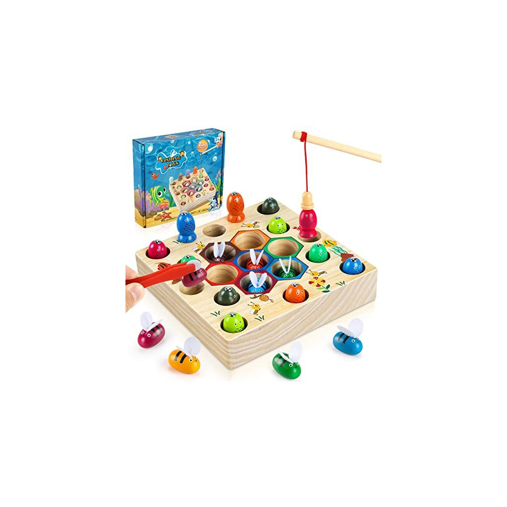 Wooden Fishing Game Toys Gifts for 2 3 4 Year Old Boy Girl 2in1 Magnetic Fishing Game Wooden Toy Montessori and Motor Skills Educational Suitable for