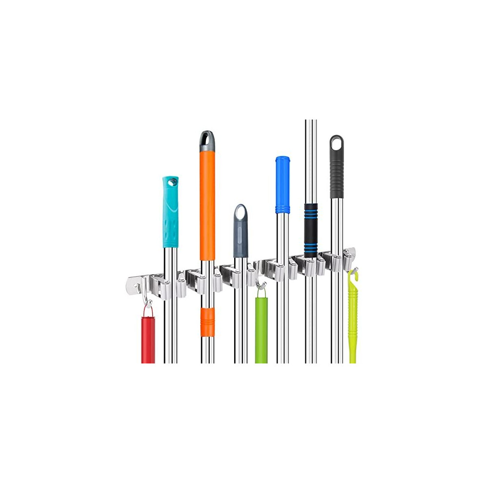 304 Stainless Steel Broom Holder Wall Mounted Heavy Duty Mop Holder with 6 Racks 3 Hooks for Bathroom Kitchen Garage Garden Tool Organizer Brush Mop