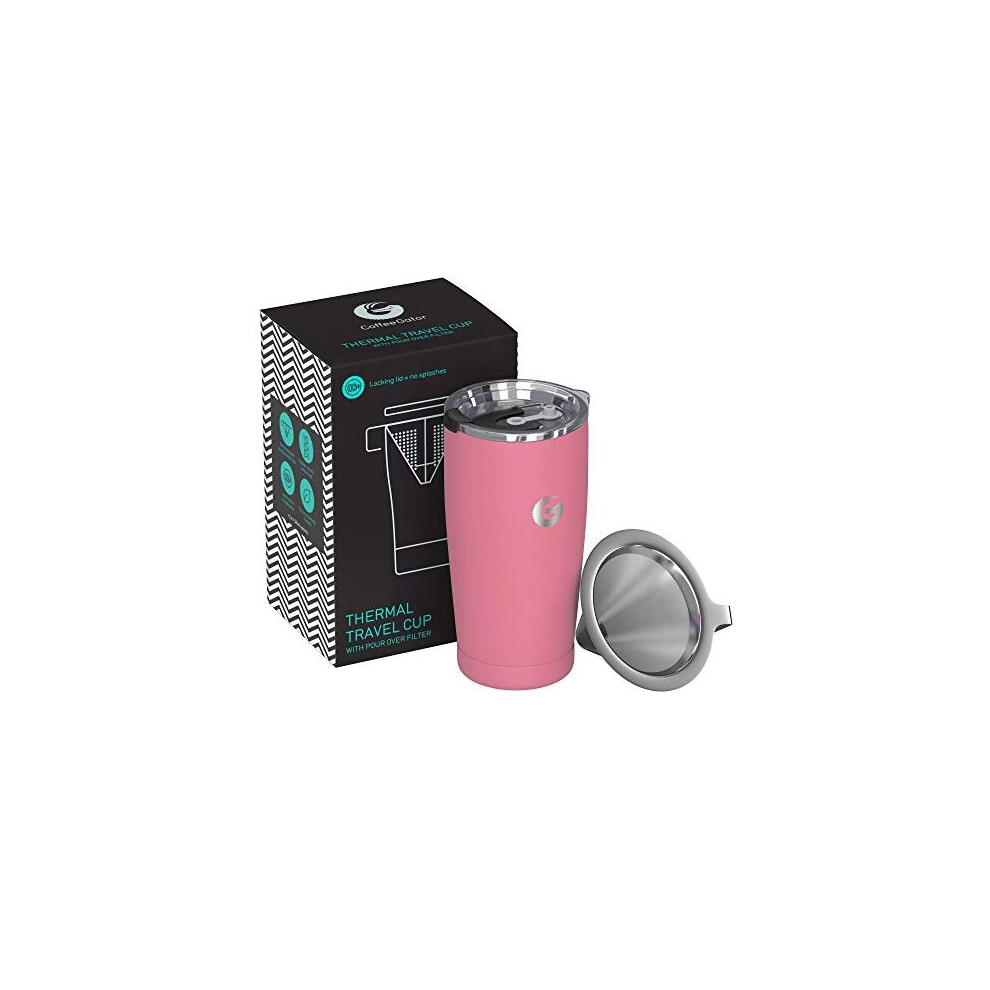 Pour Over Brewer Mug AllinOne Thermal Travel Cup and Hand Drip Coffee Maker Vacuum Insulated Stainless Steel with Paperless Filter 585ml Pink