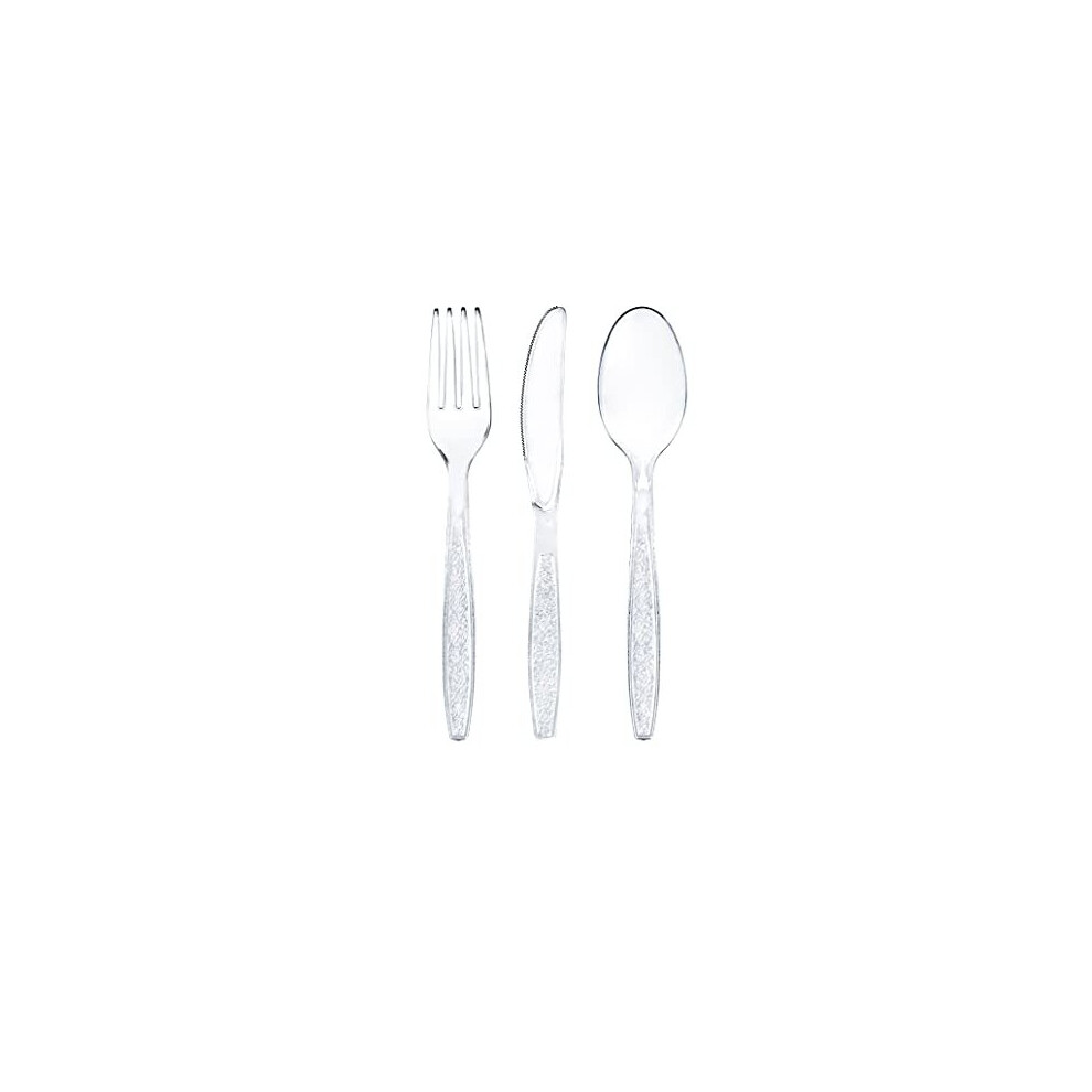 Signature Clear Plastic Cutlery Set 300 Pieces Includes 100 Forks 100 Spoons 100 Knives Dishwasher Safe and Reusable Heavy Duty Disposable Cutlery for