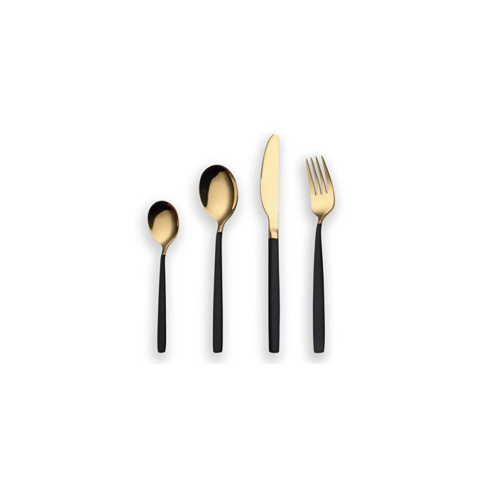 24 Piece Titanium Black and Golden Plated Stainless Steel Silverware SetBlack Handle with Golden Mouth Flatware Set Black and Golden Cutlery Set