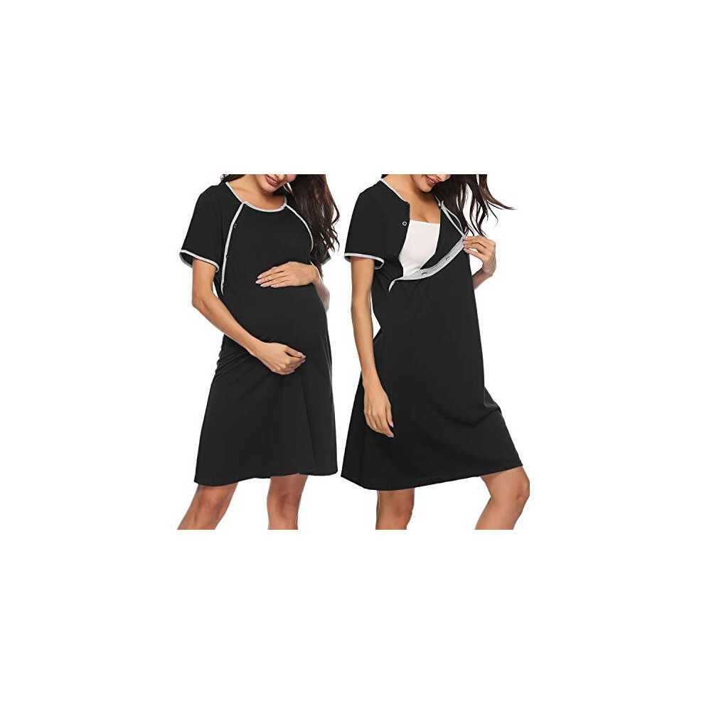 Womens Maternity Nightdress Breastfeeding Nightwear Short Sleeve Nursing Nightgown Button Down Sleep Shirt V Neck Pajama Tops Soft Loungwear For