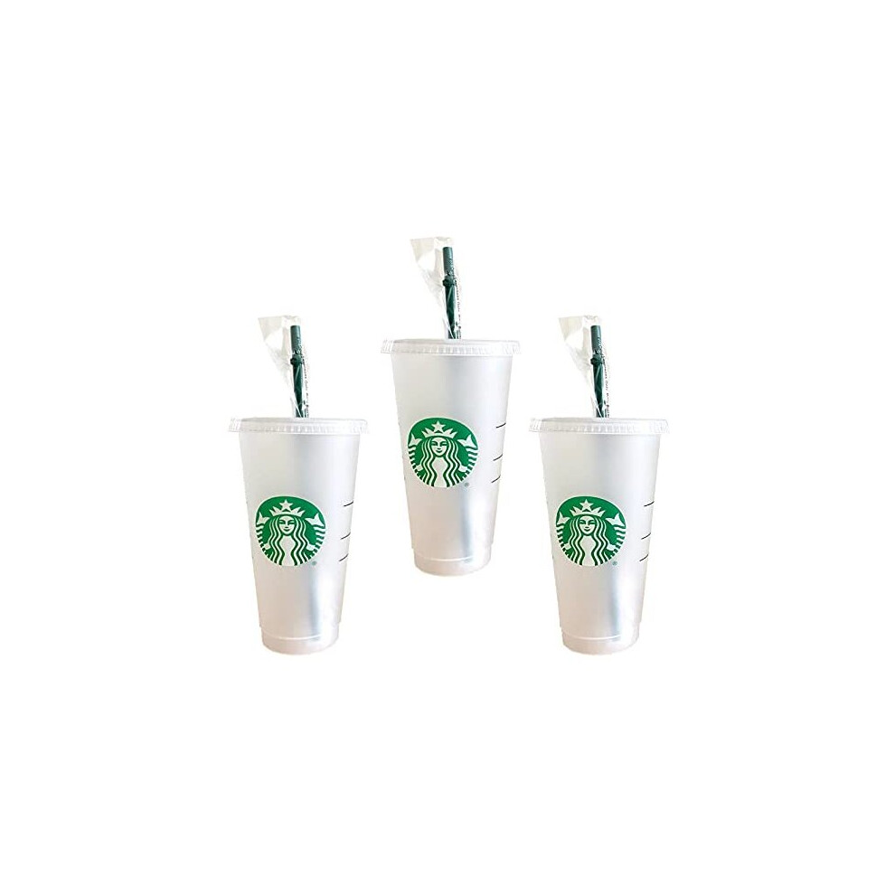 Reusable 3 Hard Plastic Venti 24 oz Frosted Ice Cold Drink Cup with Lid and Green Straw wStopper