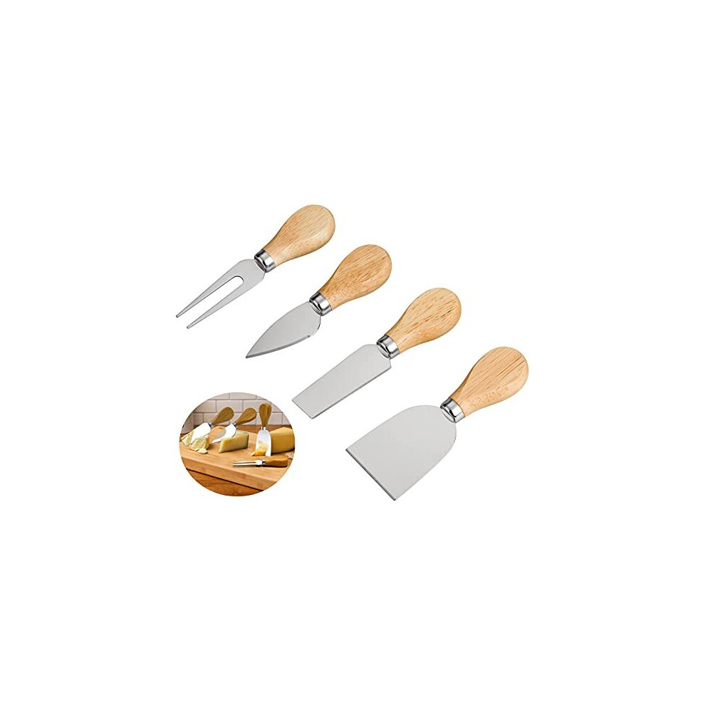 4Pcs Cheese Knife Set Stainless Steel Cheese Knives Cheese Fork Cheese Shovel with Oak Handle for Parties and Picnics