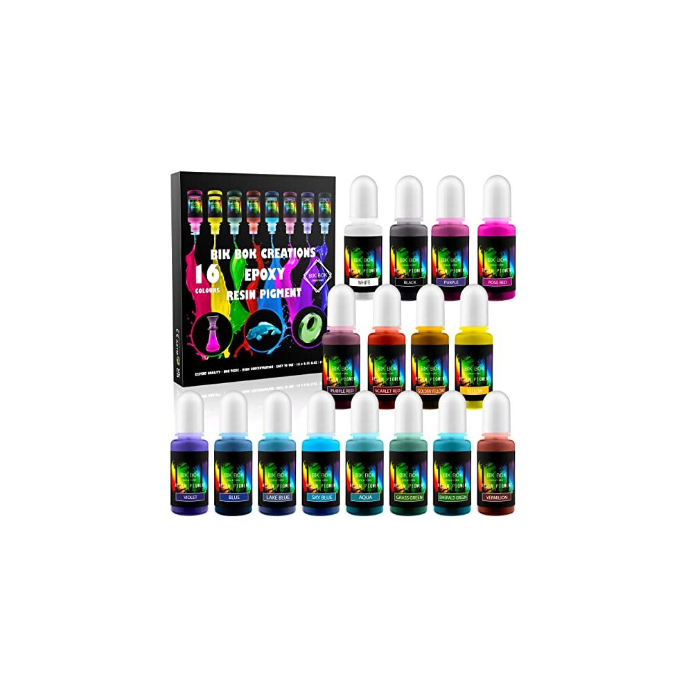 Resin Pigment Liquid Dye by Bik Bok Creations 16 Epoxy Colours Lightfast Intense and Intermixable Perfect for Jewellery Making and Other DIY Arts and