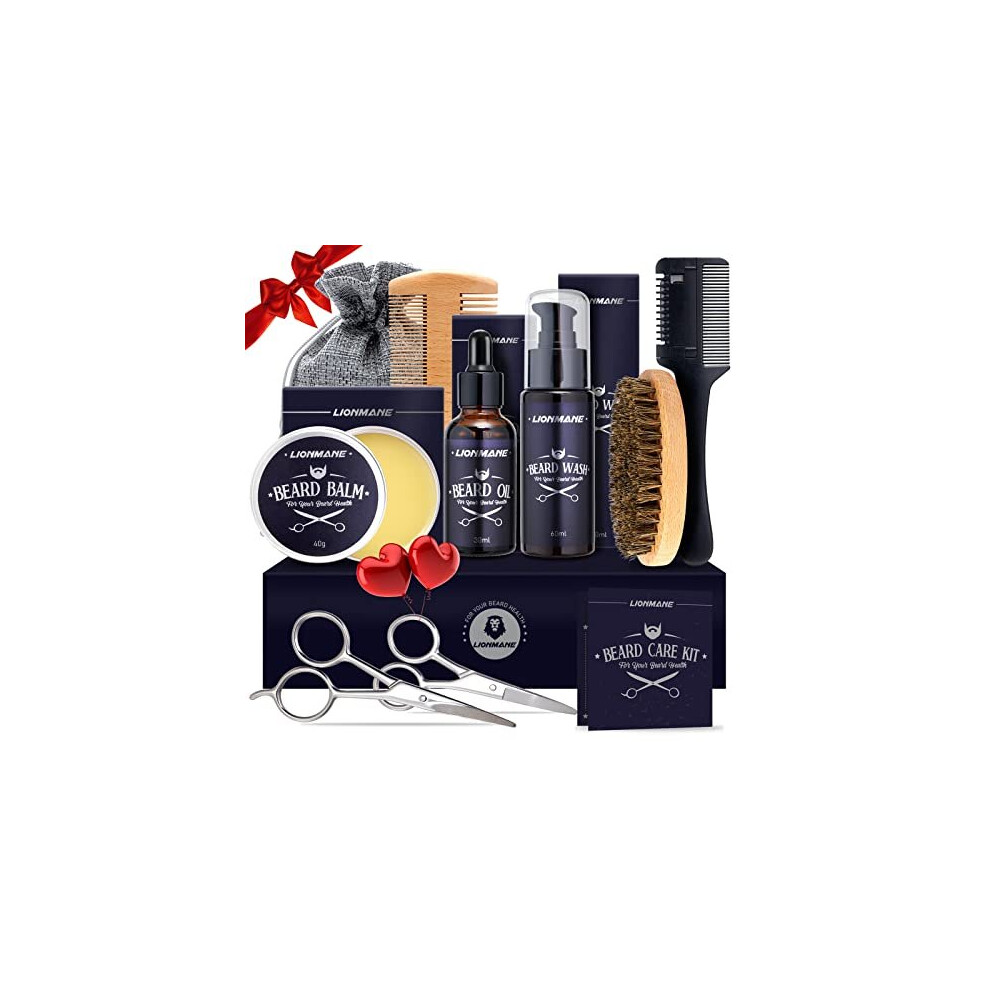 Beard Care Kit for Men LIONMANE Beard Grooming Kit Beard Balm Beard Wash Oil Comb Brush Scissors Hair Thinning CombBeard Trimming SetAnniversary