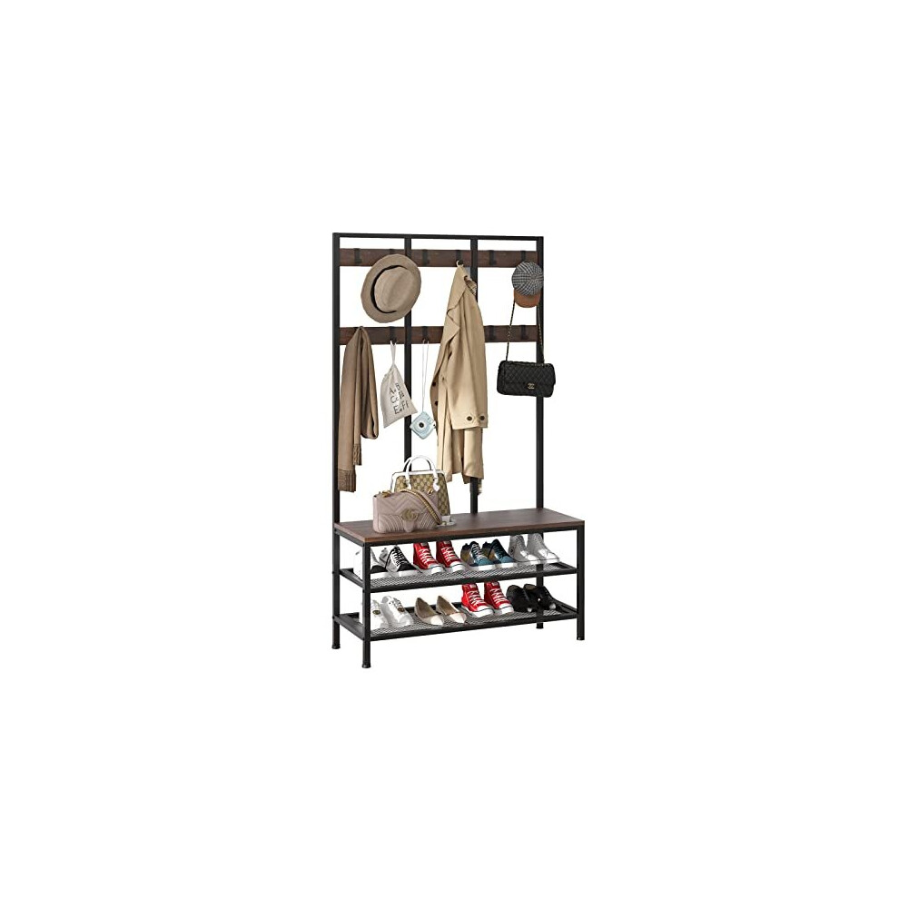 Large Coat Rack Stand Industrial Coat Stand with 12 Hooks and Shoe Bench Clothes Hat Rack Shelf Metal Frame for Bedroom Living Room Hallway