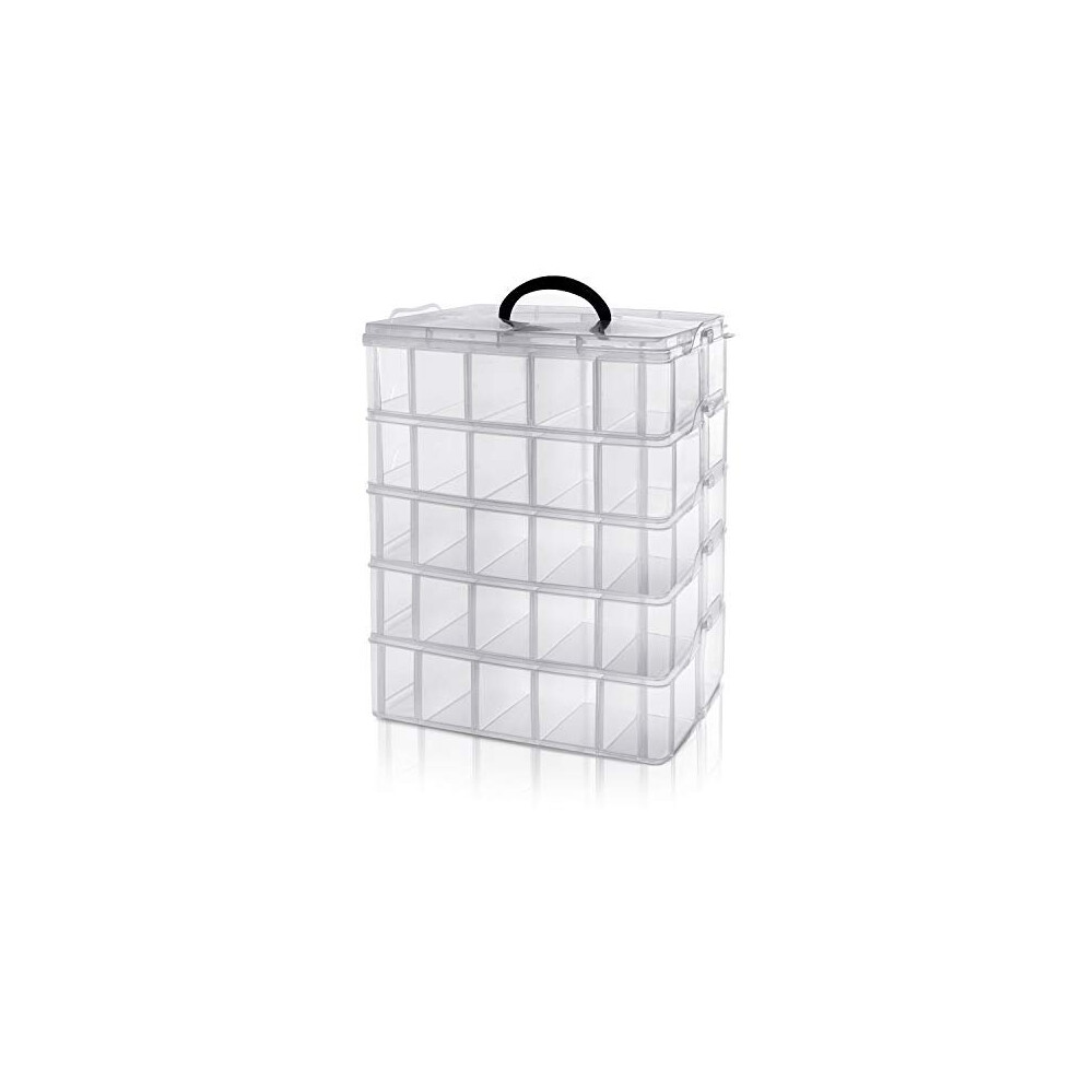 5 Tier Tall Clear Transparent Plastic Stackable Storage Box Adjustable Compartment Slots Maximum 50 Compartments Container for Storing Toys Jewellery