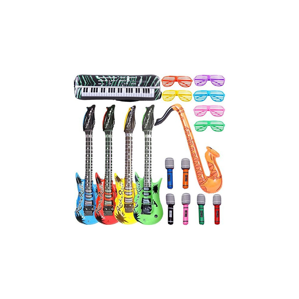 Inflatable Rock Star Toy Set 18 Pack Inflatable Party Props 4 Inflatable Guitar 6 Microphones 6 Shutter Shading Glasses 1 Saxophone and 1 Inflatable-image-OPC-PBKSQKF-NEW