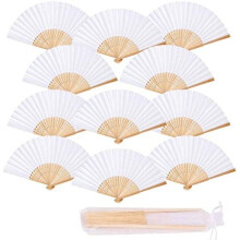 12 Wedding Fan Organza Bags Folding Hand Held fan Bamboo paper for Church Wedding Gift Wall Decoration Party Favor DIY Wall Vintage Fan White