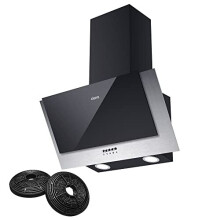 CBCB6736C Angled Cooker Hood 60cm with CBCF002X2 Carbon Filters Recirculating Ducting LED Lights Black PaintingTempered Glass Wall Mounted Range Hood