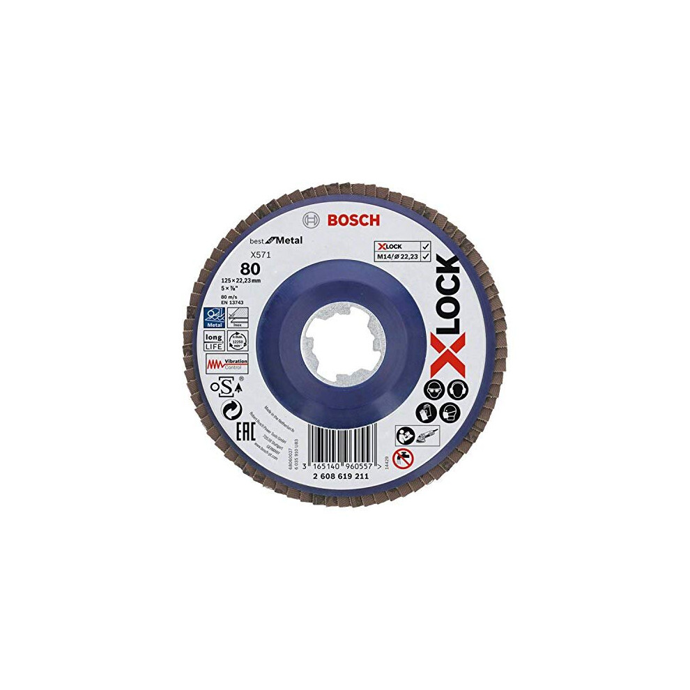 Bosch Professional 2608619211 Best Straight Flap Disc For Metal Xlock X571 Diameter 125 Mm Size K80 Bore Diameter 2223 Mm Grain