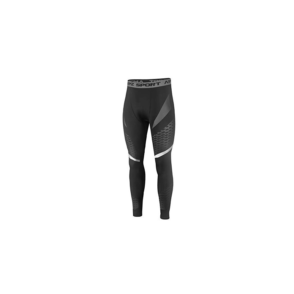 Mens Sports Compression Leggings Running Training Tights with Mesh Print Black L