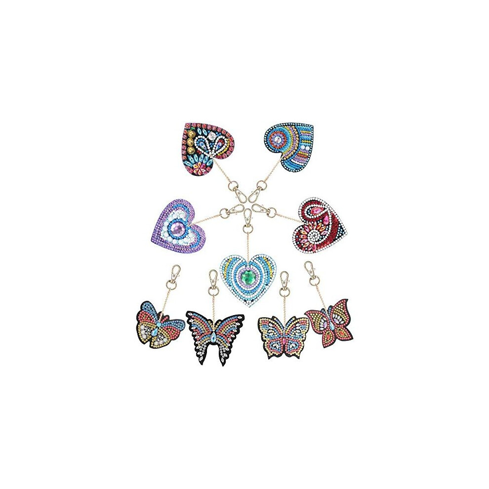 9 Pieces DIY Diamond Painting Keychain Butterfly and Love Heart Diamond Painting Kits 5D Full Drill Diamond Painting Key Rings for Women Girls Bag