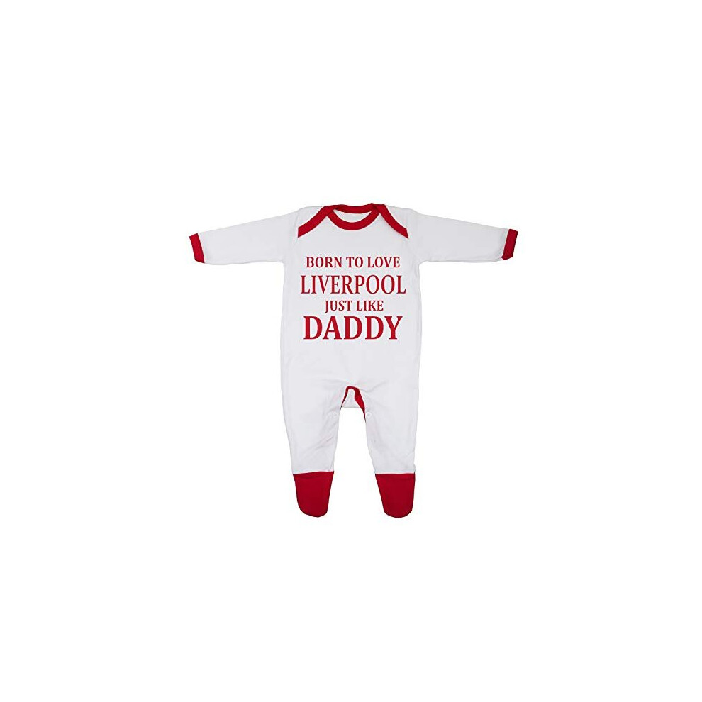 Born To Love Liverpool Just Like Daddy Baby Boy Girl Sleepsuit Designed and Printed in the UK Using 100 Fine Combed Cotton 03 Months WhiteRed Trim
