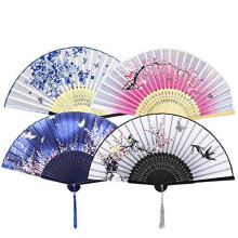 4 Pieces Hand Folding Fans for Women Silk Fabric and Hollow Carved Bamboo Handheld Folding Fan Chinese Style Hand Fan with Tassels for Gifts and Wall