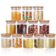 Glass Jars Set 250ml 12 Set Spice Jars with Bamboo Lids Airtight and Labels Small Food Cereal Storage Canister for Home Kitchen Tea Herbs Coffee Flour