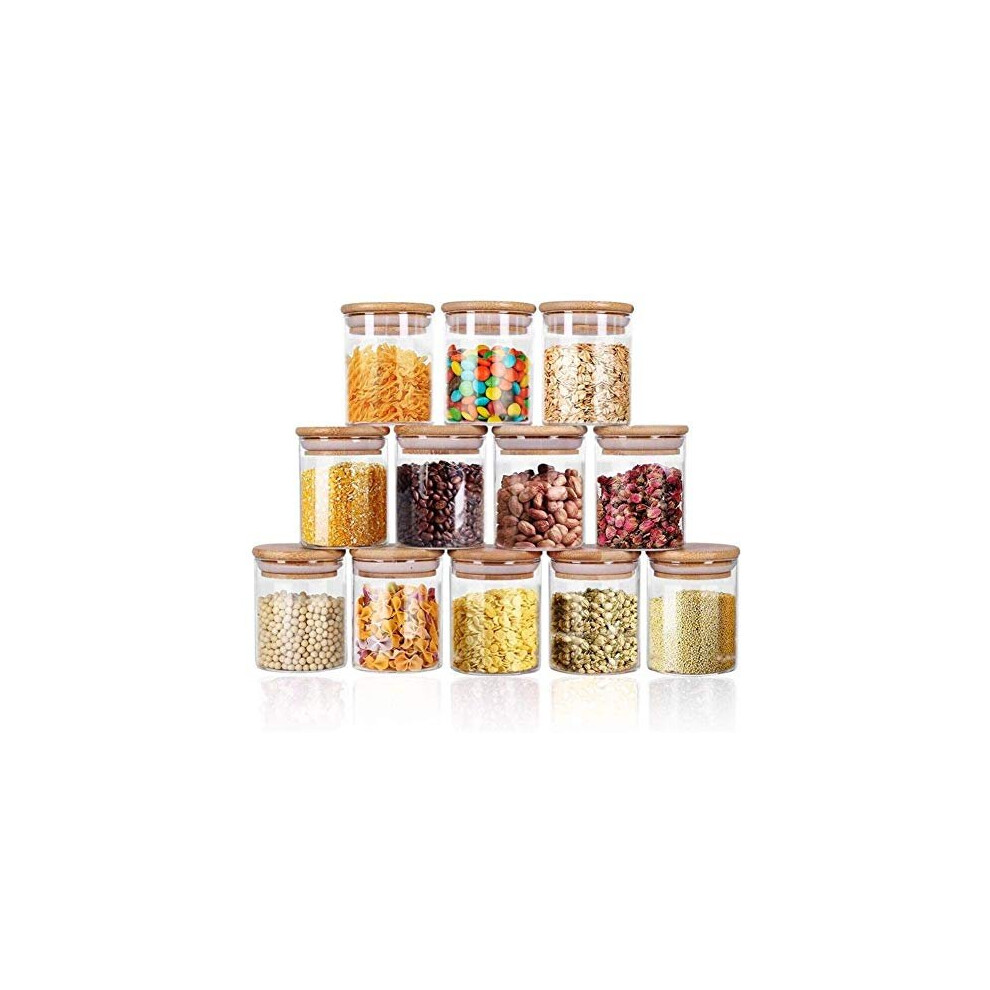 Glass Jars Set 250ml 12 Set Spice Jars with Bamboo Lids Airtight and Labels Small Food Cereal Storage Canister for Home Kitchen Tea Herbs Coffee Flour