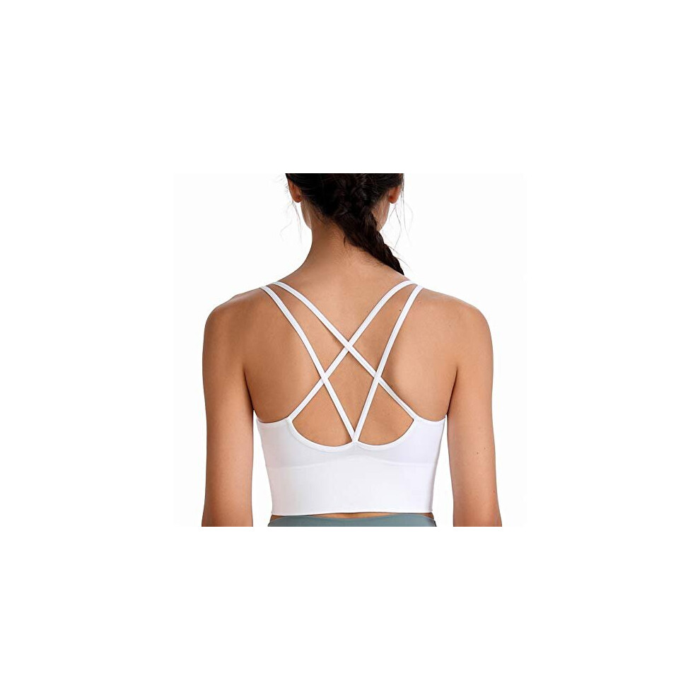 Womens White Sports Bra Strappy Cross Back Gym Workout Crop Top Wirefree Mid Impact Padded Yoga Fitness Bras S