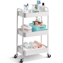 3Tier Rolling Cart Metal Storage Trolley with Lockable WheelsMobile Storage Cart Rack Shelves for OfficeBathroomClassroomKitchen Serving Trolley