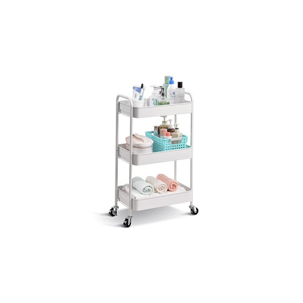 3Tier Rolling Cart Metal Storage Trolley with Lockable WheelsMobile Storage Cart Rack Shelves for OfficeBathroomClassroomKitchen Serving Trolley