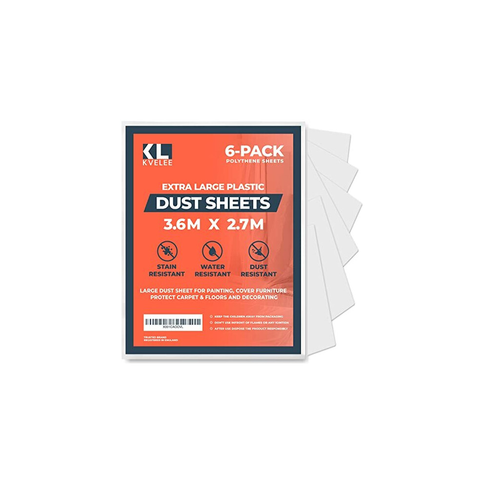 6 Pack Large Plastic Dust Sheets for Decorating 36m x 27m 12ft x 9ft Clear Plastic Sheet for Furniture Floor Protection Waterproof Plastic Sheeting