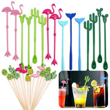 Cocktail Ice Drink Mixing Stick Set15Pcs Flamingo Cactus Reusable Novelty Swizzle Sticks with 14Pcs Bamboo Decorative Cocktail Appetizer Picks for