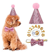 Dog Birthday Hat Pet Birthday Hat and Bow Tie Collar Set with Number Reusable Puppy Cat Headwear Caps Costumes Party Decorations Accessories Pink