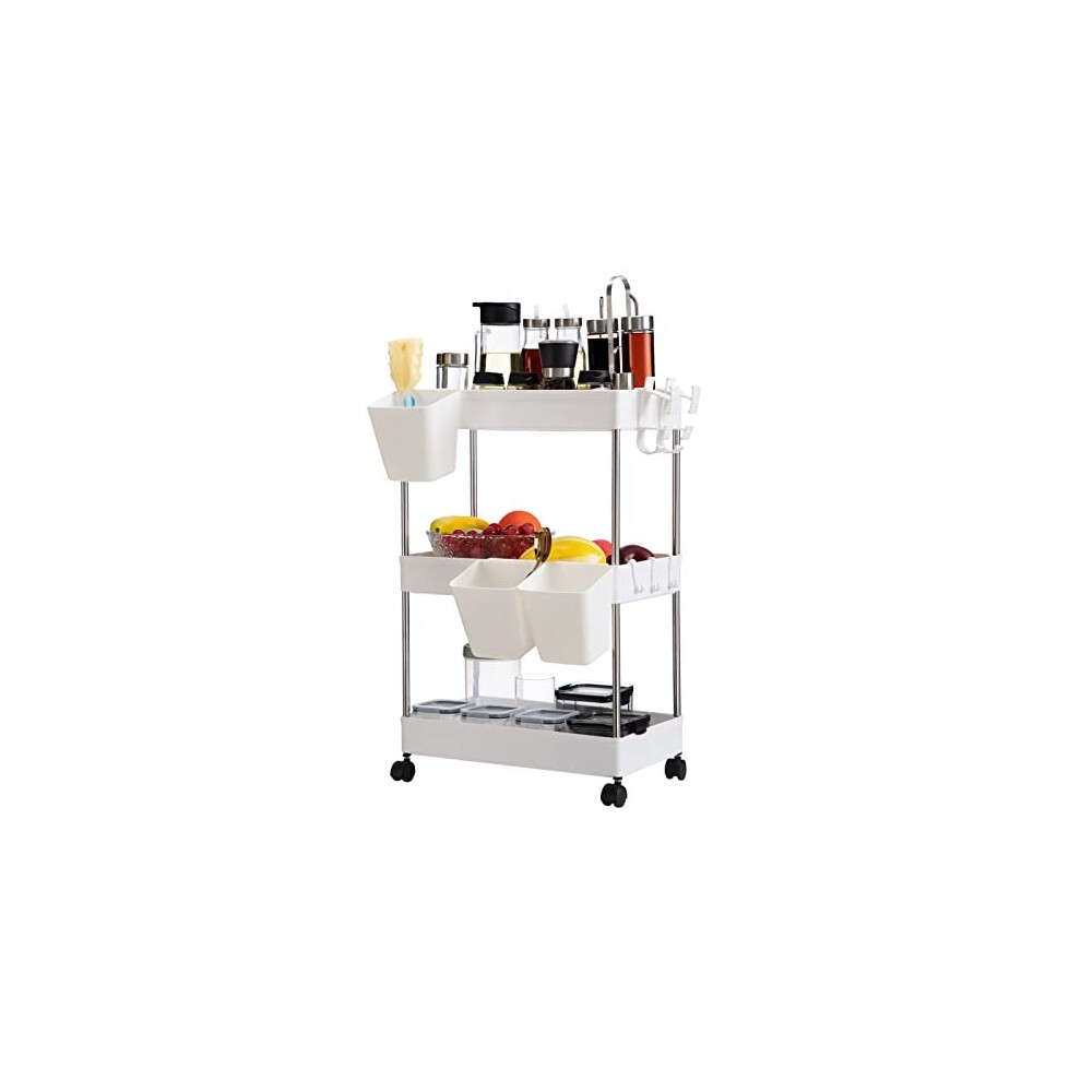 Storage Trolley Cart 3Tier Storage Cart with Wheels Rolling Utility Cart with Hanging Cups MultiPurpose Storage Shelf Rack for Kitchen Bathroom