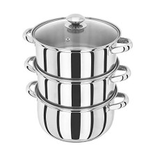 Essentials HX05 Stainless Steel 3 Tier Steamer 24cm Vented Glass Lid Integral Casserole Pot Oven Safe Induction Ready 25 Year Guarantee