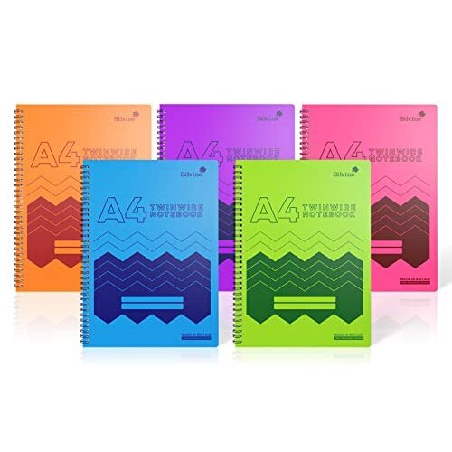 Silvine POLYA4AC 160-Page A4 Wirebound Notebooks with Durable Wipe-Clean Covers - Assorted Pack of 5