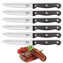 6 Piece Steak Knife Set Six Traditional Steak Knives Sleek Triple Rivet Black Composite Handles Strong Full Tang Stainless Steel SerratedScalloped