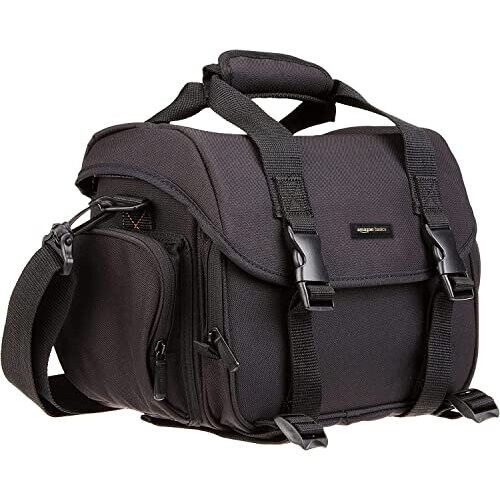 Amazon Basics Large Shoulder Bag for SLR Camera & Accessories, Black with Orange Interior - Fits 1 DSLR + 3 Lenses, Tablet Pocket