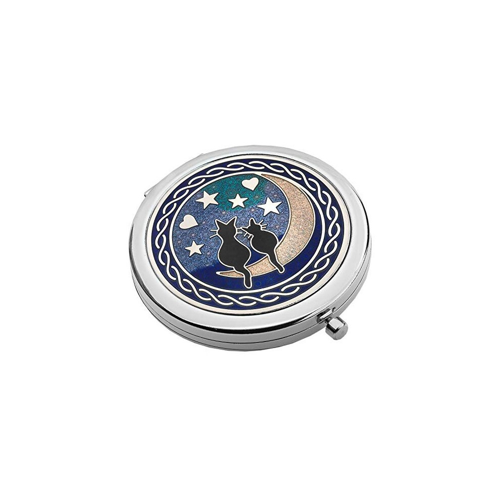 Really Nice Compact Mirror Cats On Moon Design Enamelled Pewterware