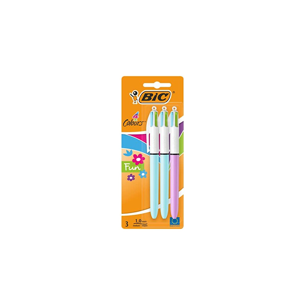 Bic 4 Colours Fun Retractable Ballpoint Pens With Four Ink Colours And Medium Point 10 Mm Pack Of 3 Pink/Purple