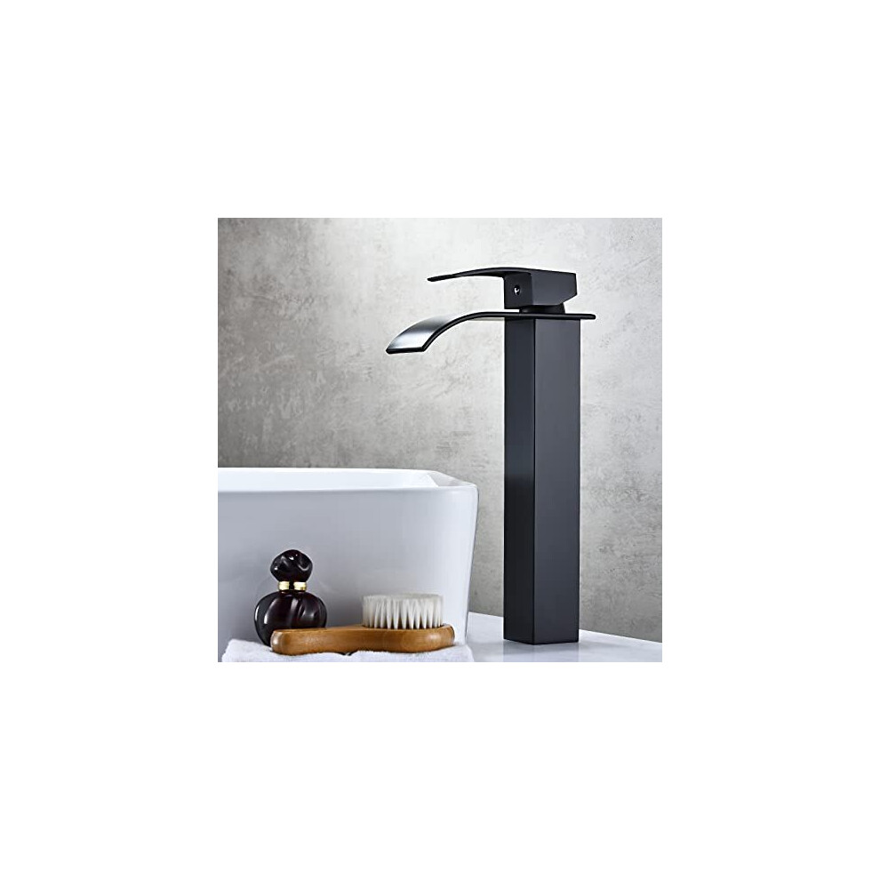 Matt Black Basin Mixer Taps Tall Waterfall Bathroom Sink Taps Single Lever Handle Countertop Washbasin Mixer Tap