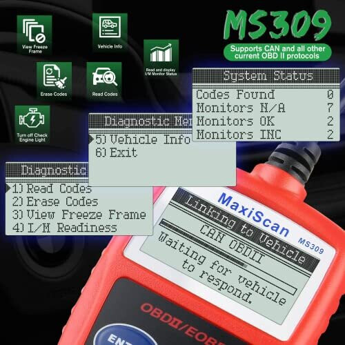 Autel MaxiScan MS309 OBD2 Code Reader Check Engine Fault Check Emission Monitor Status Clear Codes View Freeze Frame Data CAN Diagnostic Scan Tool for All 1